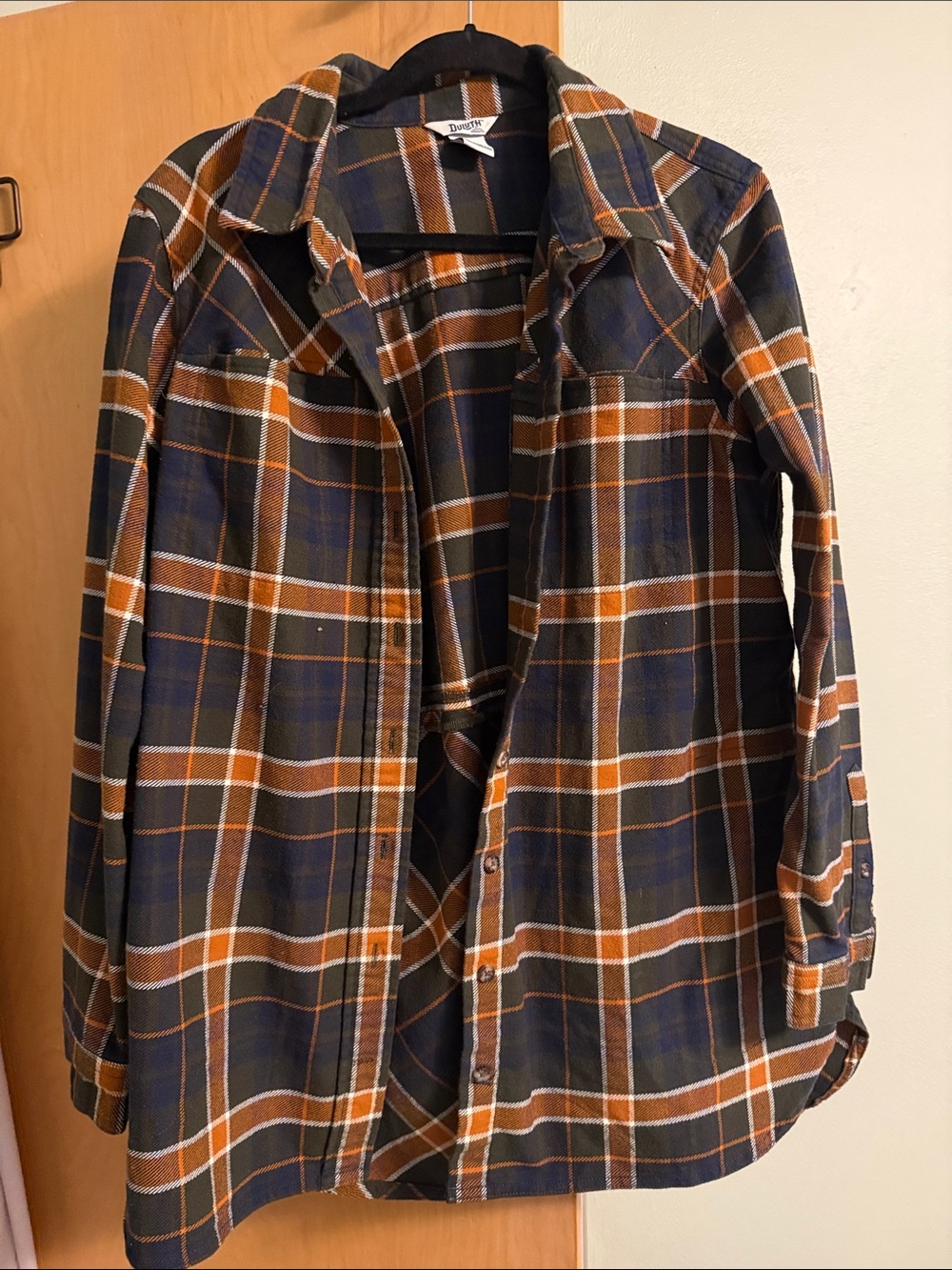 Duluth Trading Co Navy and Brown Plaid Button-Down Shirt